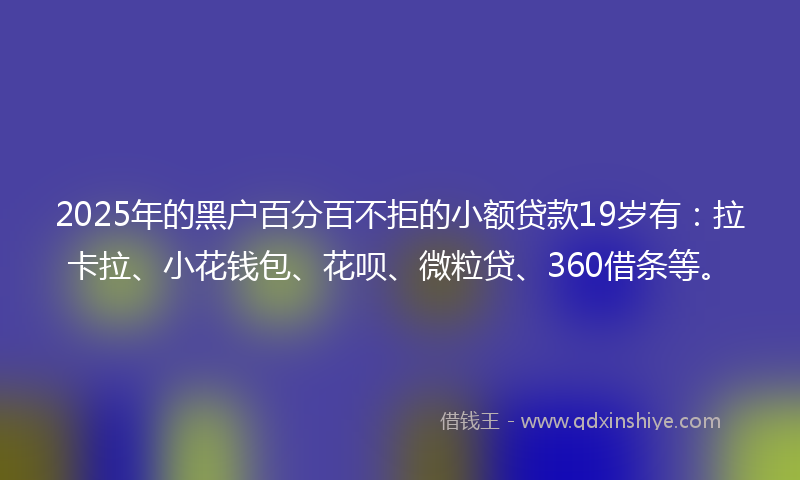 2025年的黑户百分百不拒的小额贷款19岁有：拉卡拉、小花钱包、花呗、微粒贷、360借条等。