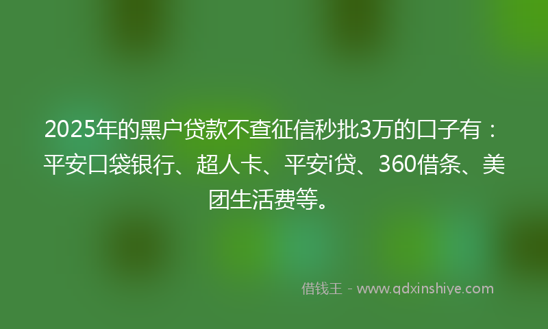 2025年的黑户贷款不查征信秒批3万的口子有：平安口袋银行、超人卡、平安i贷、360借条、美团生活费等。