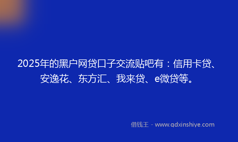 2025年的黑户网贷口子交流贴吧有：信用卡贷、安逸花、东方汇、我来贷、e微贷等。