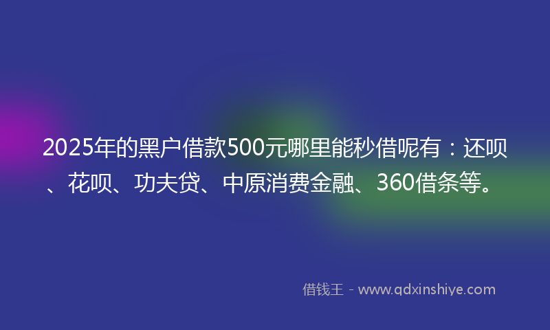 2025年的黑户借款500元哪里能秒借呢有：还呗、花呗、功夫贷、中原消费金融、360借条等。