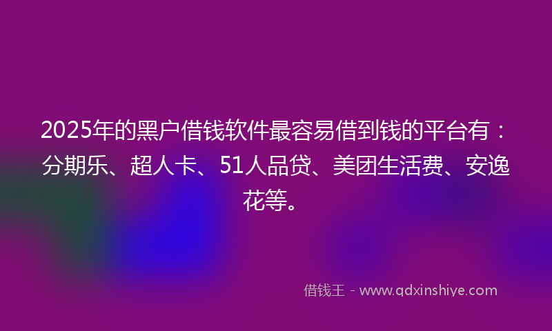 2025年的黑户借钱软件最容易借到钱的平台有：分期乐、超人卡、51人品贷、美团生活费、安逸花等。