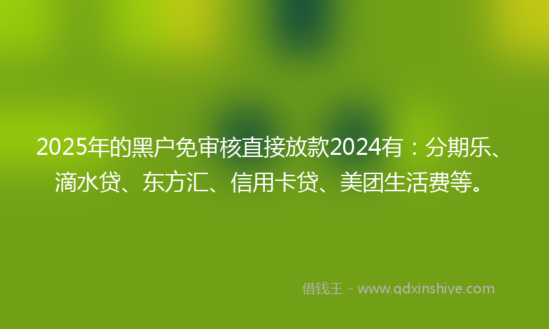 2025年的黑户免审核直接放款2024有：分期乐、滴水贷、东方汇、信用卡贷、美团生活费等。