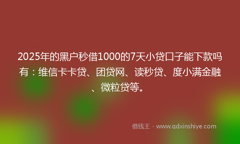 2025年的黑户秒借1000的7天小贷口子能下款吗有：维信卡卡贷、团贷网、读秒贷、度小满金融、微粒贷等。