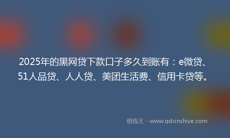 2025年的黑网贷下款口子多久到账有：e微贷、51人品贷、人人贷、美团生活费、信用卡贷等。