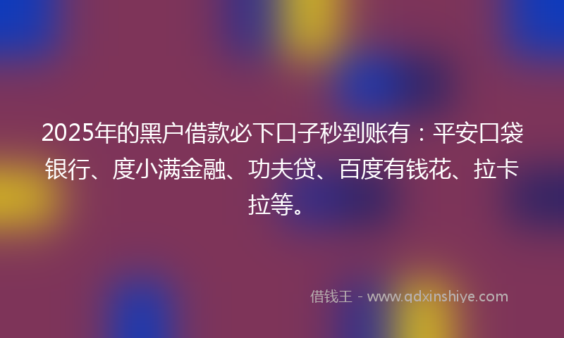 2025年的黑户借款必下口子秒到账有：平安口袋银行、度小满金融、功夫贷、百度有钱花、拉卡拉等。
