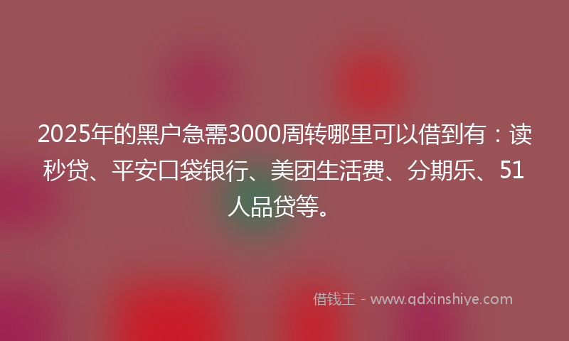 2025年的黑户急需3000周转哪里可以借到有：读秒贷、平安口袋银行、美团生活费、分期乐、51人品贷等。
