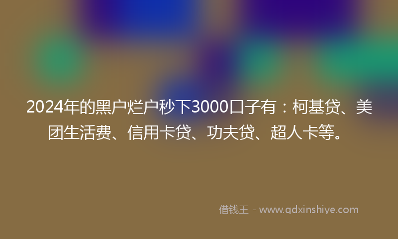 2024年的黑户烂户秒下3000口子有：柯基贷、美团生活费、信用卡贷、功夫贷、超人卡等。