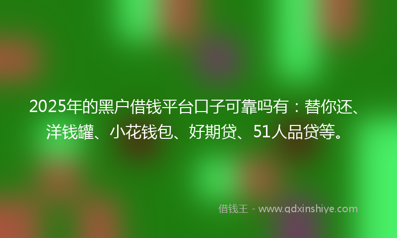 2025年的黑户借钱平台口子可靠吗有：替你还、洋钱罐、小花钱包、好期贷、51人品贷等。