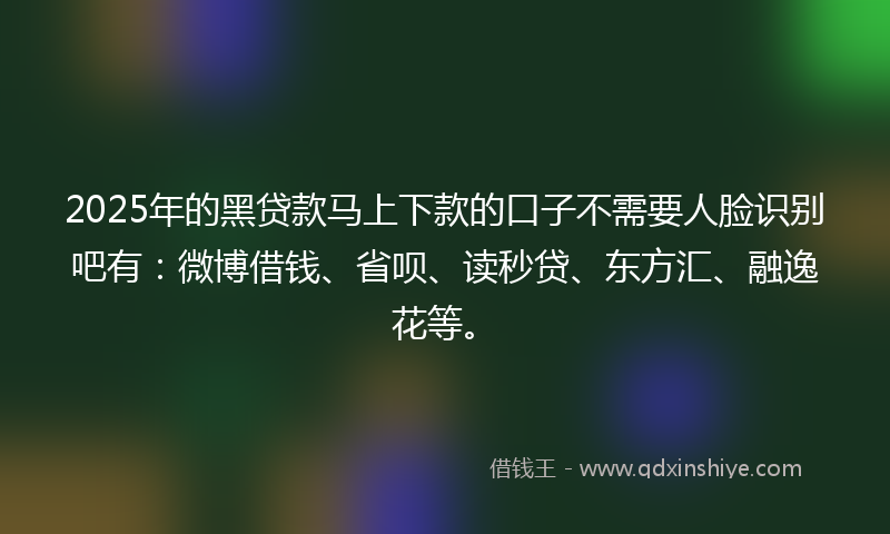2025年的黑贷款马上下款的口子不需要人脸识别吧有：微博借钱、省呗、读秒贷、东方汇、融逸花等。