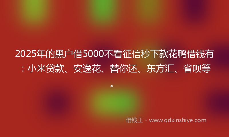 2025年的黑户借5000不看征信秒下款花鸭借钱有：小米贷款、安逸花、替你还、东方汇、省呗等。