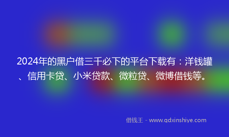 2024年的黑户借三千必下的平台下载有：洋钱罐、信用卡贷、小米贷款、微粒贷、微博借钱等。