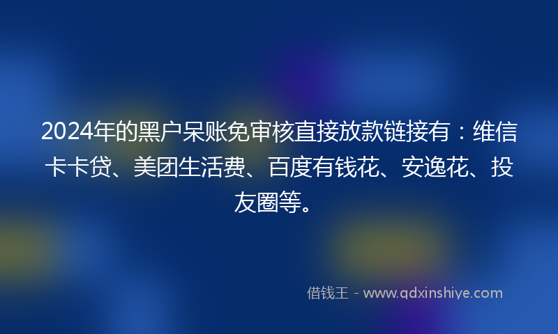 2024年的黑户呆账免审核直接放款链接有：维信卡卡贷、美团生活费、百度有钱花、安逸花、投友圈等。