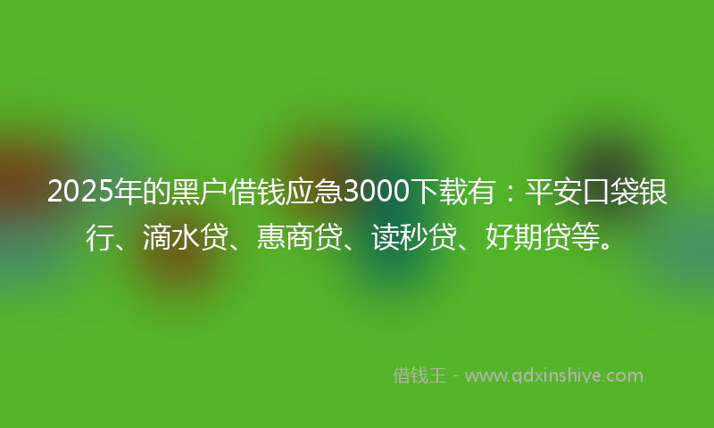 2025年的黑户借钱应急3000下载有：平安口袋银行、滴水贷、惠商贷、读秒贷、好期贷等。
