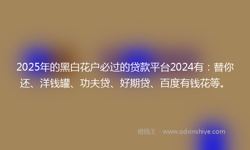 2025年的黑白花户必过的贷款平台2024有：替你还、洋钱罐、功夫贷、好期贷、百度有钱花等。