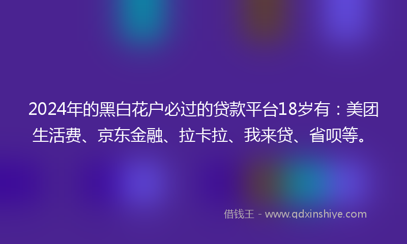 2024年的黑白花户必过的贷款平台18岁有：美团生活费、京东金融、拉卡拉、我来贷、省呗等。