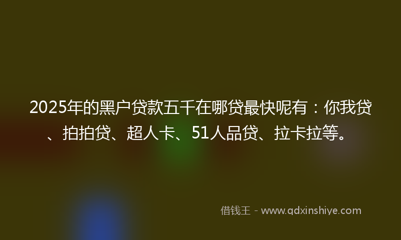 2025年的黑户贷款五千在哪贷最快呢有：你我贷、拍拍贷、超人卡、51人品贷、拉卡拉等。