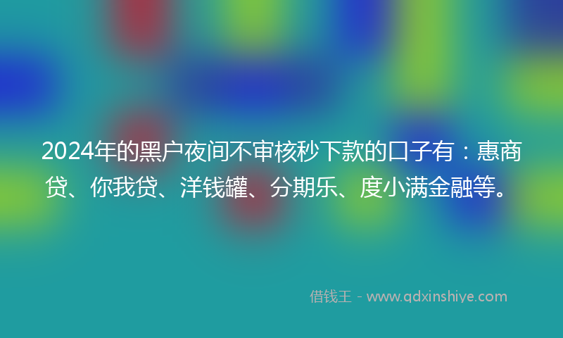 2024年的黑户夜间不审核秒下款的口子有：惠商贷、你我贷、洋钱罐、分期乐、度小满金融等。