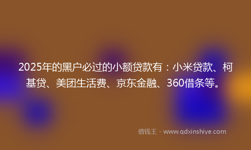 2025年的黑户必过的小额贷款有：小米贷款、柯基贷、美团生活费、京东金融、360借条等。