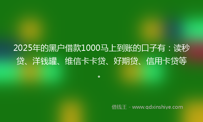 2025年的黑户借款1000马上到账的口子有：读秒贷、洋钱罐、维信卡卡贷、好期贷、信用卡贷等。