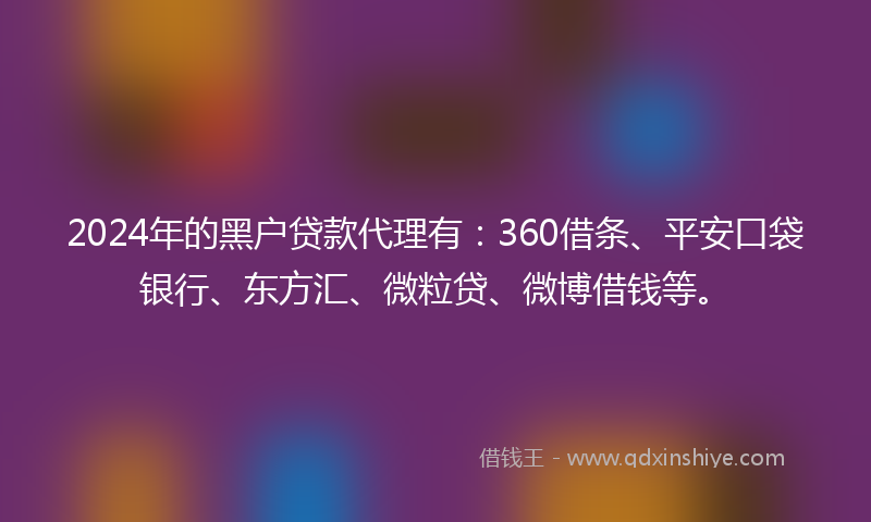 2024年的黑户贷款代理有：360借条、平安口袋银行、东方汇、微粒贷、微博借钱等。