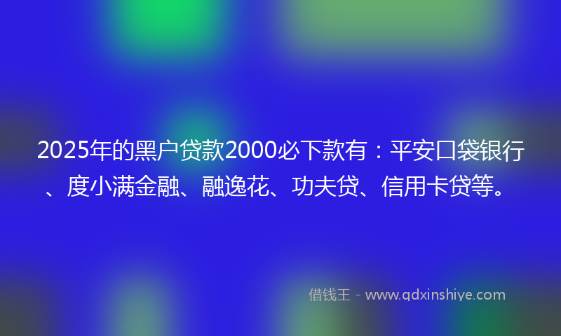 2025年的黑户贷款2000必下款有：平安口袋银行、度小满金融、融逸花、功夫贷、信用卡贷等。