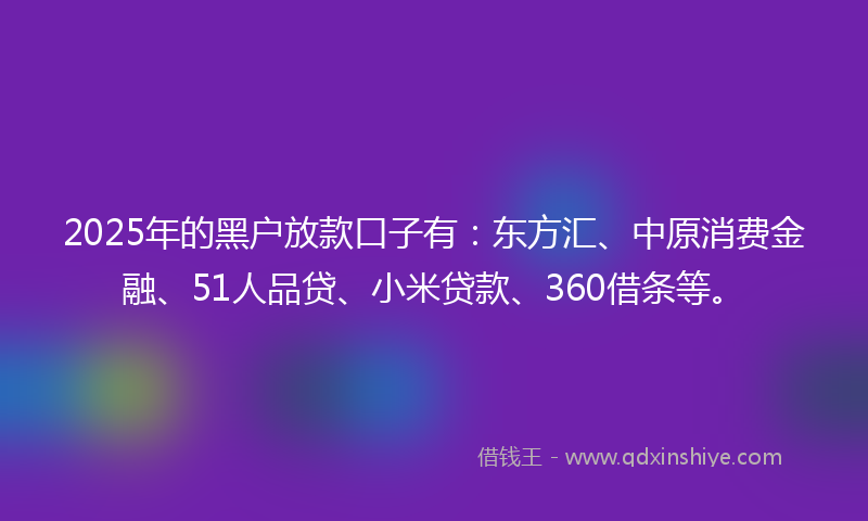 2025年的黑户放款口子有：东方汇、中原消费金融、51人品贷、小米贷款、360借条等。