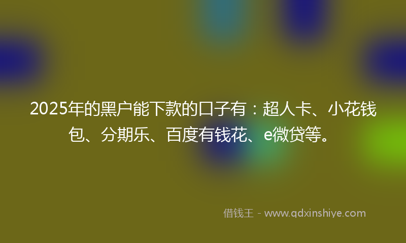 2025年的黑户能下款的口子有：超人卡、小花钱包、分期乐、百度有钱花、e微贷等。