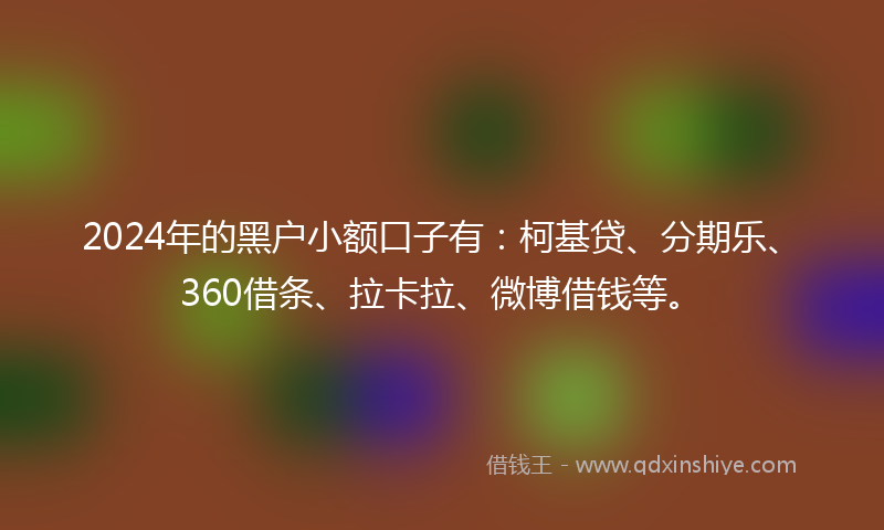 2024年的黑户小额口子有：柯基贷、分期乐、360借条、拉卡拉、微博借钱等。