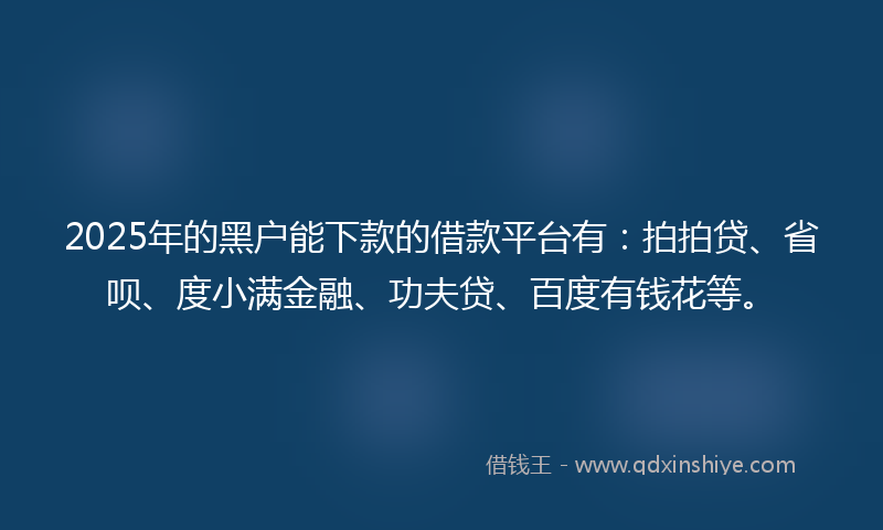 2025年的黑户能下款的借款平台有：拍拍贷、省呗、度小满金融、功夫贷、百度有钱花等。