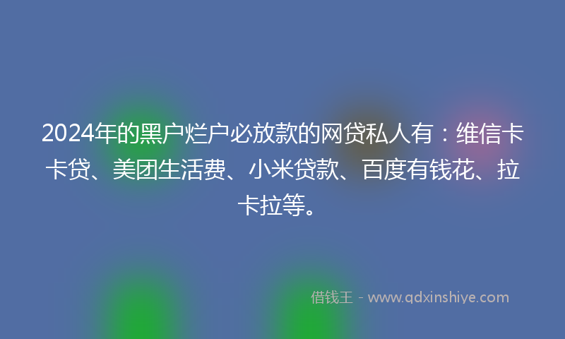 2024年的黑户烂户必放款的网贷私人有：维信卡卡贷、美团生活费、小米贷款、百度有钱花、拉卡拉等。