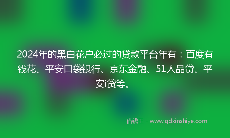 2024年的黑白花户必过的贷款平台年有：百度有钱花、平安口袋银行、京东金融、51人品贷、平安i贷等。