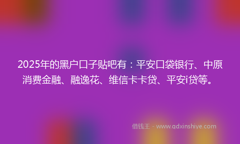 2025年的黑户口子贴吧有：平安口袋银行、中原消费金融、融逸花、维信卡卡贷、平安i贷等。