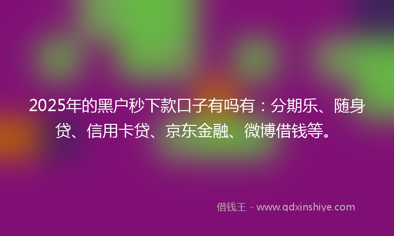 2025年的黑户秒下款口子有吗有：分期乐、随身贷、信用卡贷、京东金融、微博借钱等。
