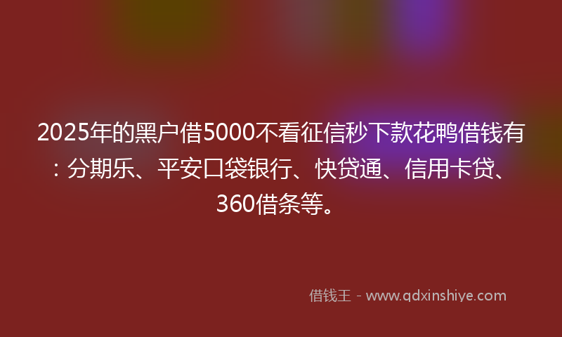 2025年的黑户借5000不看征信秒下款花鸭借钱有：分期乐、平安口袋银行、快贷通、信用卡贷、360借条等。