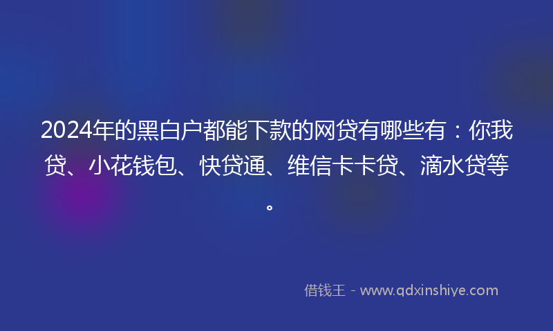 2024年的黑白户都能下款的网贷有哪些有：你我贷、小花钱包、快贷通、维信卡卡贷、滴水贷等。