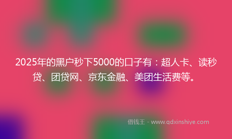 2025年的黑户秒下5000的口子有：超人卡、读秒贷、团贷网、京东金融、美团生活费等。