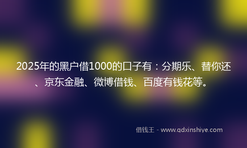 2025年的黑户借1000的口子有：分期乐、替你还、京东金融、微博借钱、百度有钱花等。