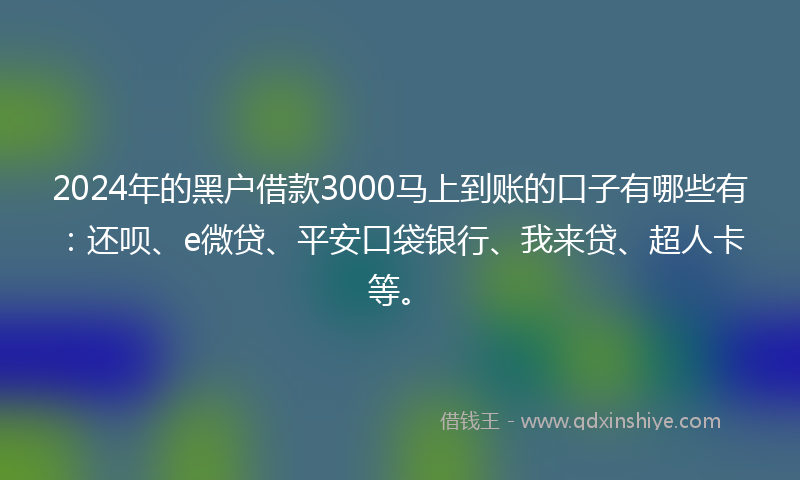 2024年的黑户借款3000马上到账的口子有哪些有：还呗、e微贷、平安口袋银行、我来贷、超人卡等。