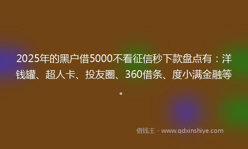 2025年的黑户借5000不看征信秒下款盘点有：洋钱罐、超人卡、投友圈、360借条、度小满金融等。
