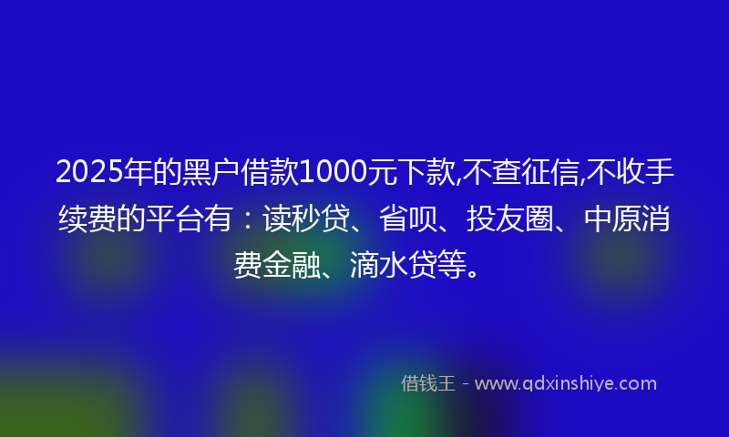 2025年的黑户借款1000元下款,不查征信,不收手续费的平台有：读秒贷、省呗、投友圈、中原消费金融、滴水贷等。