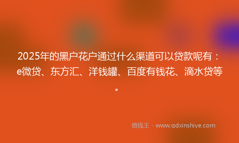 2025年的黑户花户通过什么渠道可以贷款呢有：e微贷、东方汇、洋钱罐、百度有钱花、滴水贷等。