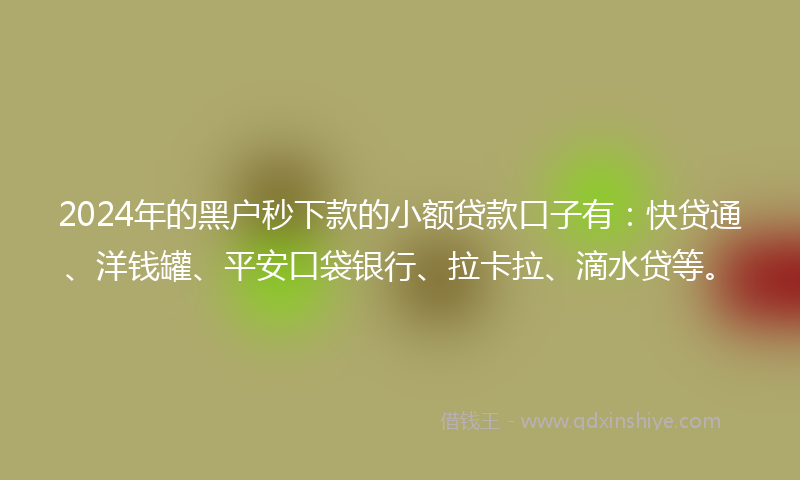 2024年的黑户秒下款的小额贷款口子有：快贷通、洋钱罐、平安口袋银行、拉卡拉、滴水贷等。
