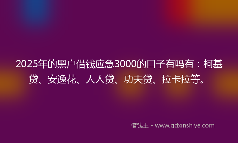 2025年的黑户借钱应急3000的口子有吗有：柯基贷、安逸花、人人贷、功夫贷、拉卡拉等。