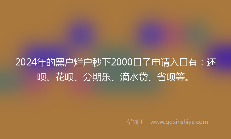 2024年的黑户烂户秒下2000口子申请入口有：还呗、花呗、分期乐、滴水贷、省呗等。