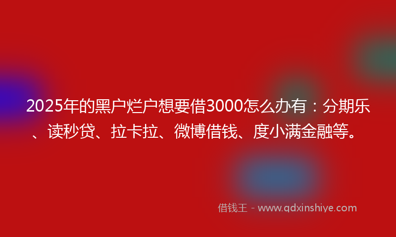 2025年的黑户烂户想要借3000怎么办有：分期乐、读秒贷、拉卡拉、微博借钱、度小满金融等。