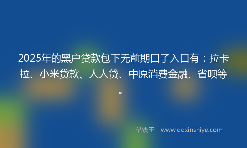 2025年的黑户贷款包下无前期口子入口有：拉卡拉、小米贷款、人人贷、中原消费金融、省呗等。