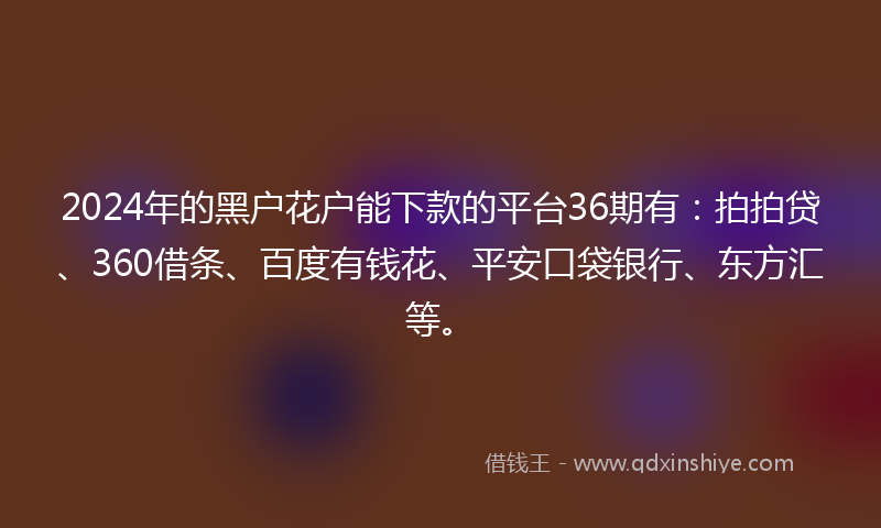 2024年的黑户花户能下款的平台36期有：拍拍贷、360借条、百度有钱花、平安口袋银行、东方汇等。