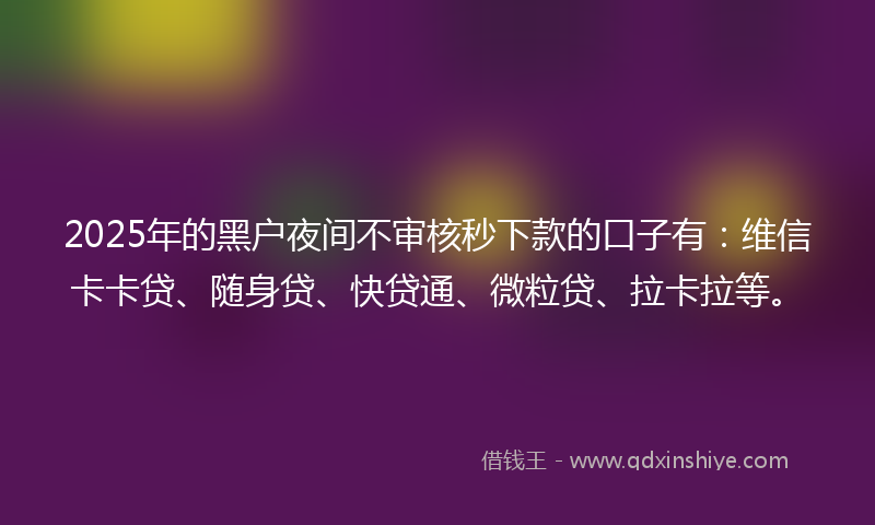 2025年的黑户夜间不审核秒下款的口子有：维信卡卡贷、随身贷、快贷通、微粒贷、拉卡拉等。
