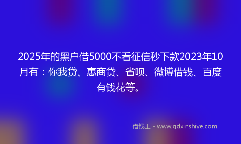 2025年的黑户借5000不看征信秒下款2023年10月有：你我贷、惠商贷、省呗、微博借钱、百度有钱花等。