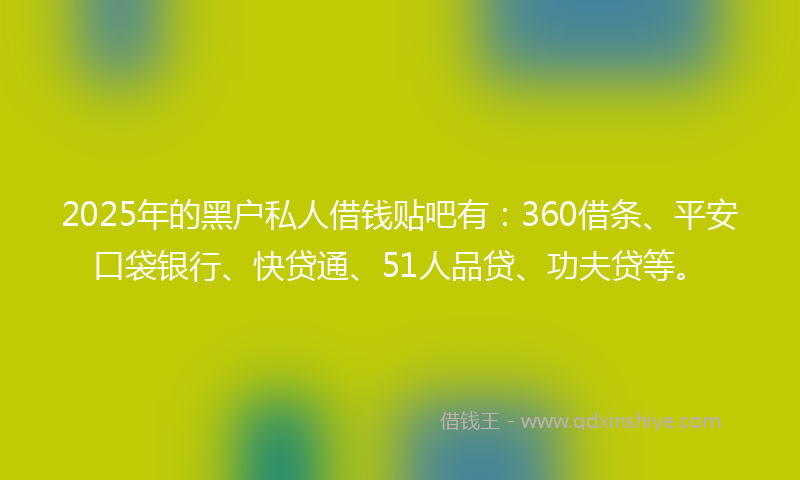 2025年的黑户私人借钱贴吧有：360借条、平安口袋银行、快贷通、51人品贷、功夫贷等。